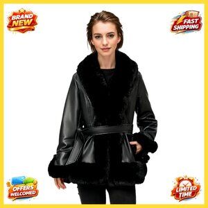 Faux Fur Leather Jacket Women Slim Fit Hooded Winter Coat Chic Elegant